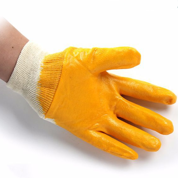 Jersey gloves coated with yellow nitrile