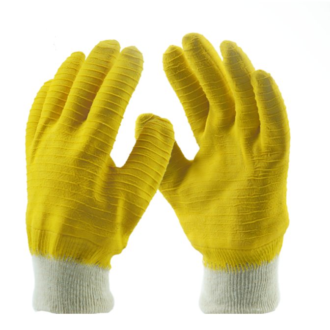 Jersey liner safety gloves fully coated with yellow latex