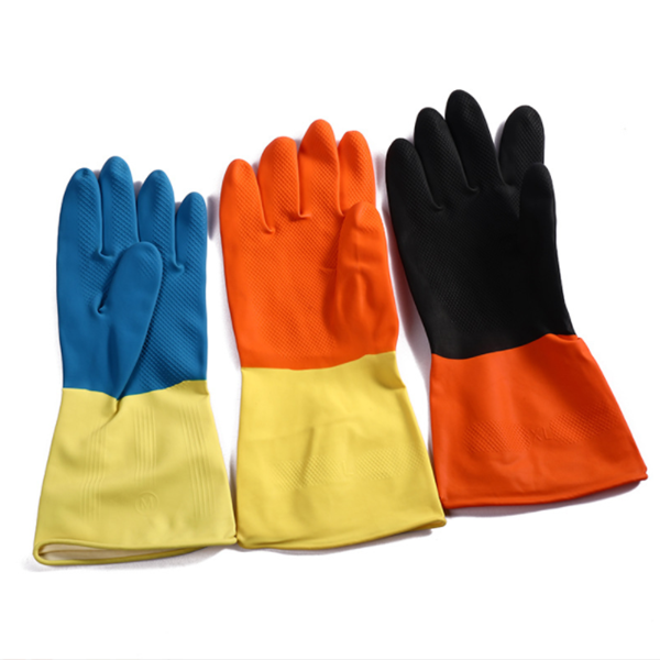 Household blue and yellow color rubber gloves