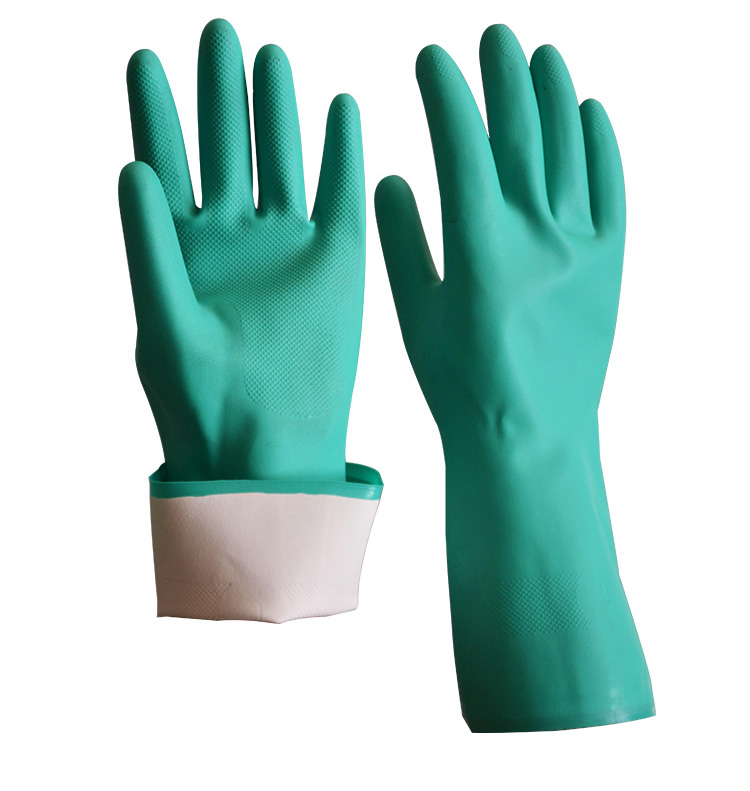 Long sleeve flock lined chemical resistant green nitrile gloves
