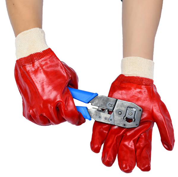Knitted wrist red PVC work gloves