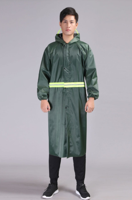 Waterproof dark green rain coat with reflective tape