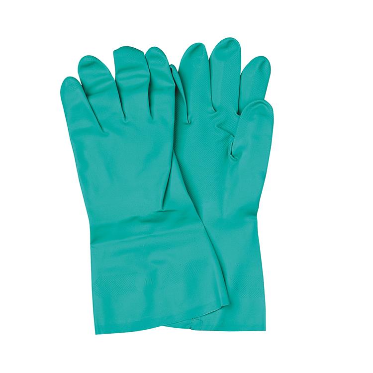 Long sleeve flock lined chemical resistant green nitrile gloves