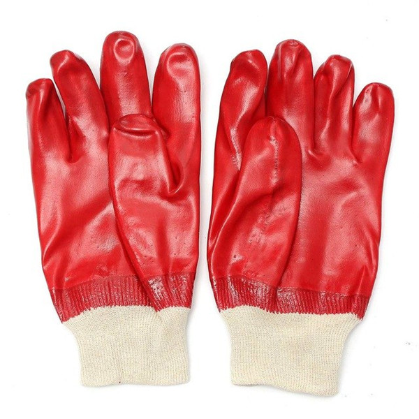 Knitted wrist red PVC work gloves