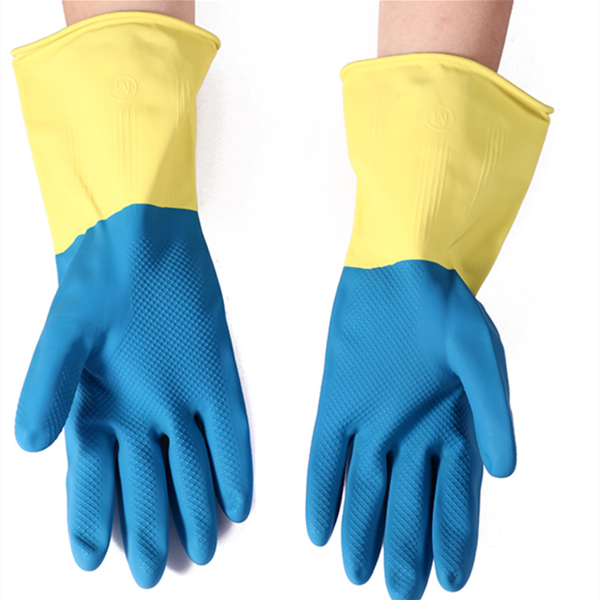 Household blue and yellow color rubber gloves