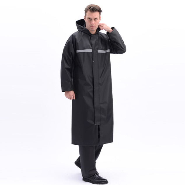 Long adult rain coat with reflective tape